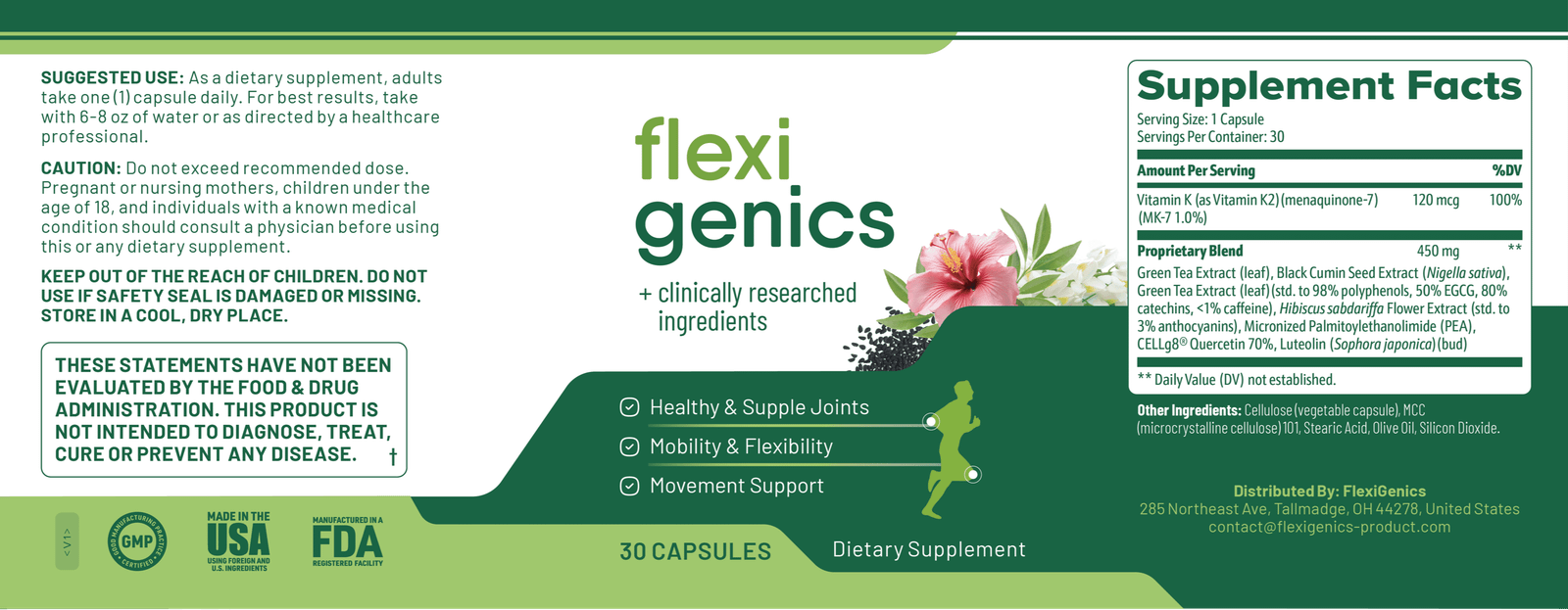 Flexigenics supplement facts label supplied by the seller