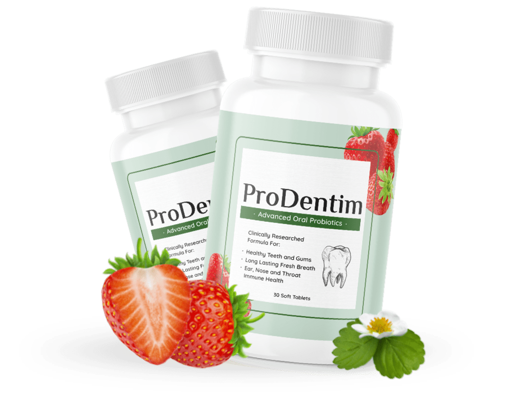 Two bottles of a chewable oral probiotic supplement with strawberries
